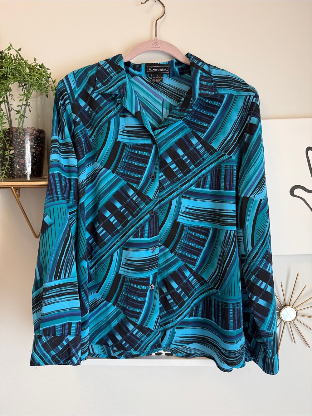 Elementz Vintage Teal & Black Geometric Button-Down Shirt with Shoulder Pads